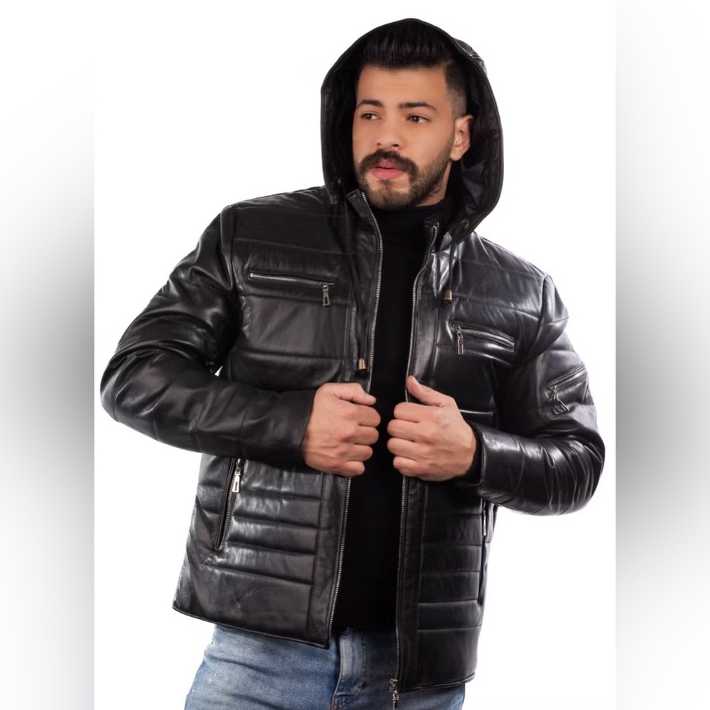 Black Leather Puffer Jacket with hoodie Outerwear  XL